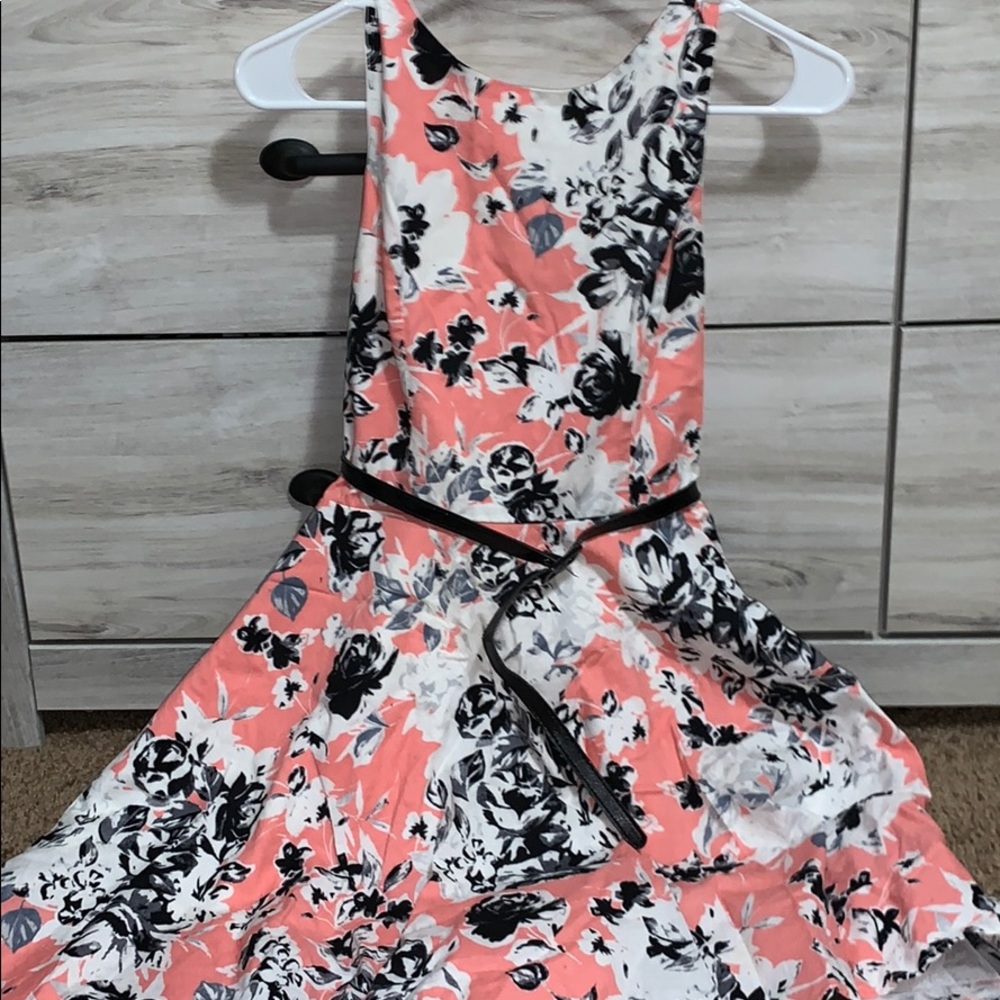 floral pink fluffy dress with black belt
